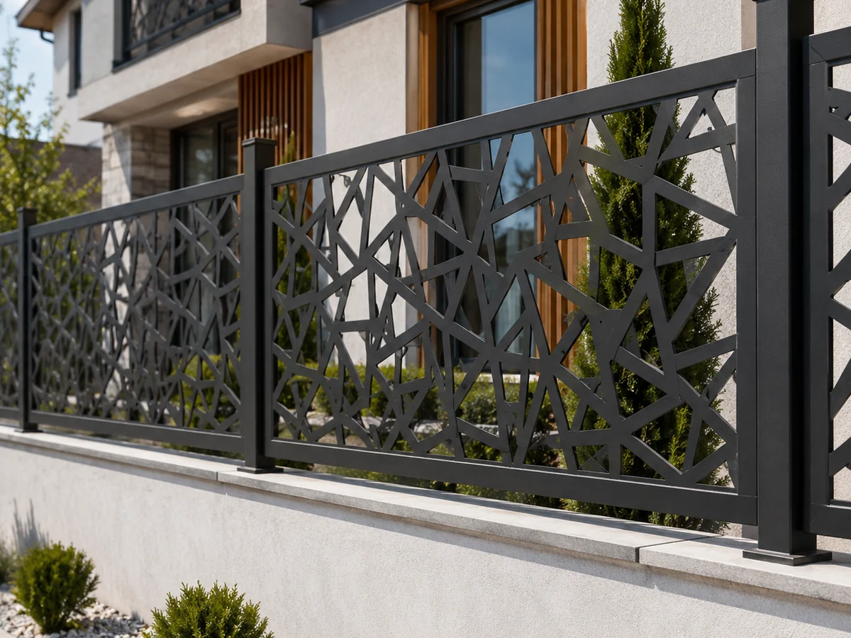 Modern villa çevresinde dekoratif metal çit ve cephe uyumu — temsili görsel Modern villa çevresinde lazer kesim dekoratif metal çit uygulaması
